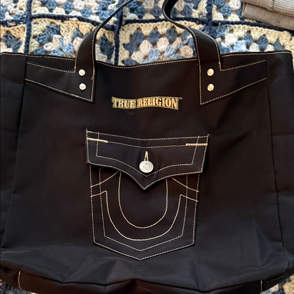 True Religion Handbags - True Religion Black Tote with White Stitching